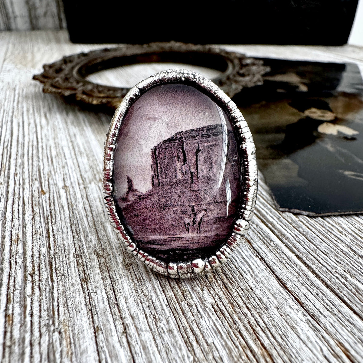 FoXLARK silver cowboy on horse ring featuring desert scene, size 9, one of a kind, detailed fine silver jewelry.