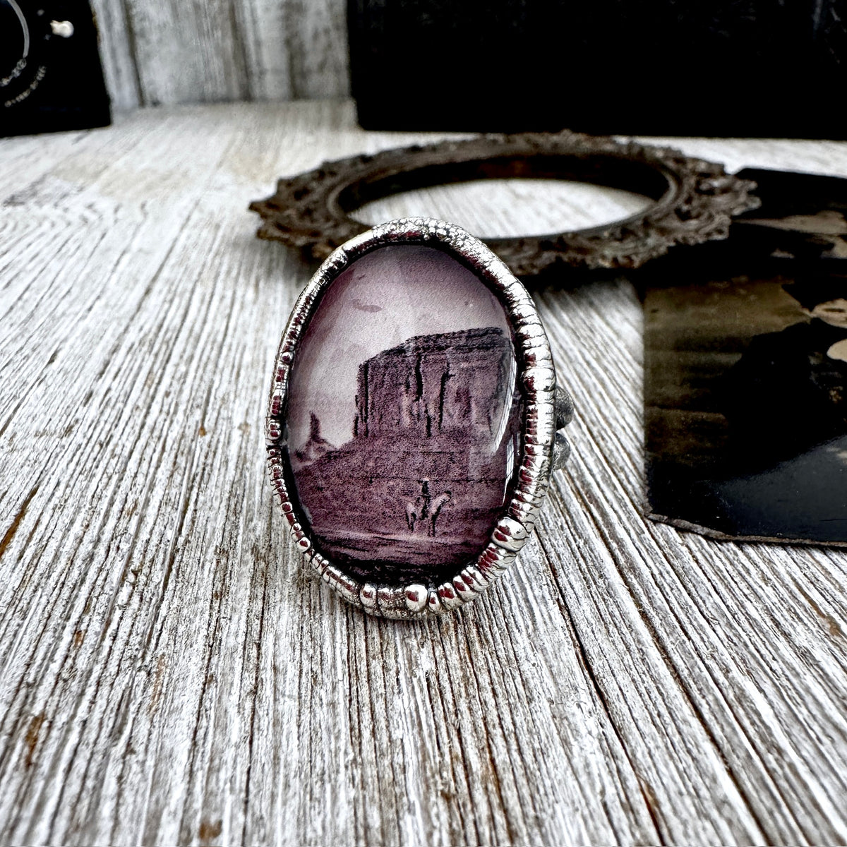 FOXLARK cowboy on horse in desert ring ring, fine silver jewelry, size 9, one of a kind, detailed western-themed design.