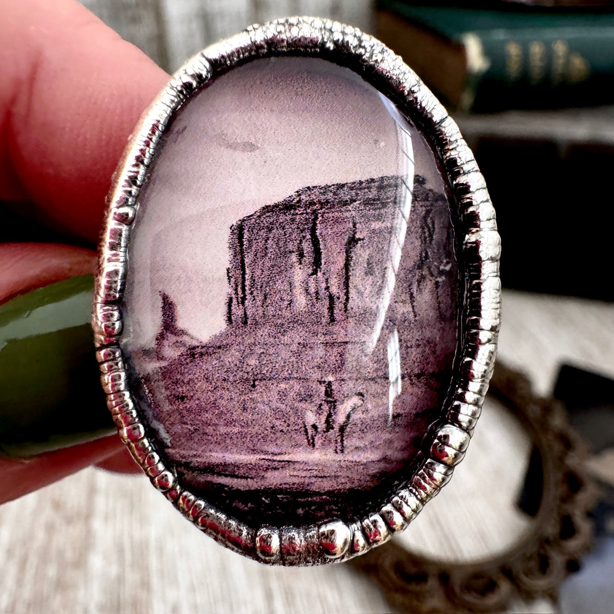 FoXLARK Road To Nowhere cowboy on horse ring in fine silver, desert scene, size 9, one of a kind design.