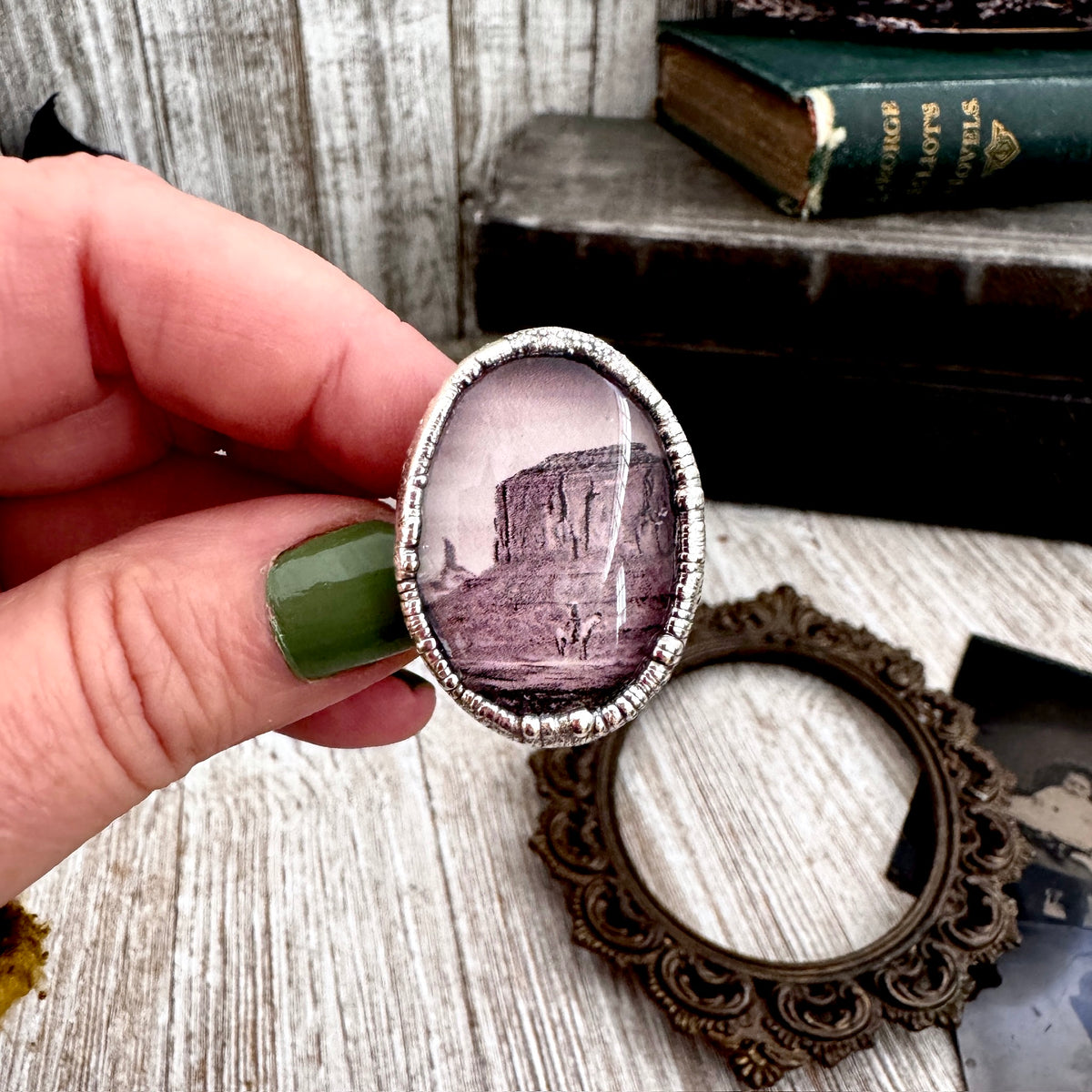 Silver cowboy riding horse ring featuring desert scene, size 9, handcrafted by FOXLARK, one-of-a-kind fine silver jewelry.