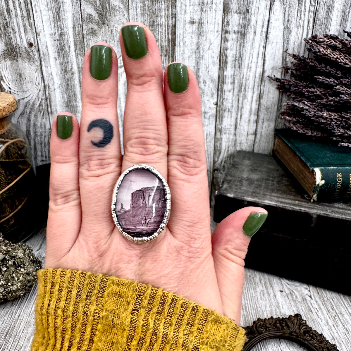 FOXLARK cowboy on horse ring in desert scene, fine silver, size 9, one of a kind, detailed western-themed jewelry design.