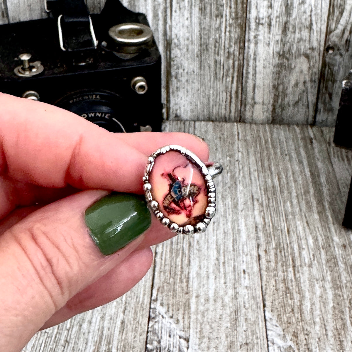 Fine silver cowboy road sign ring by FOXLARK, size 8, featuring detailed "Road To Nowhere" design, one-of-a-kind jewelry piece.