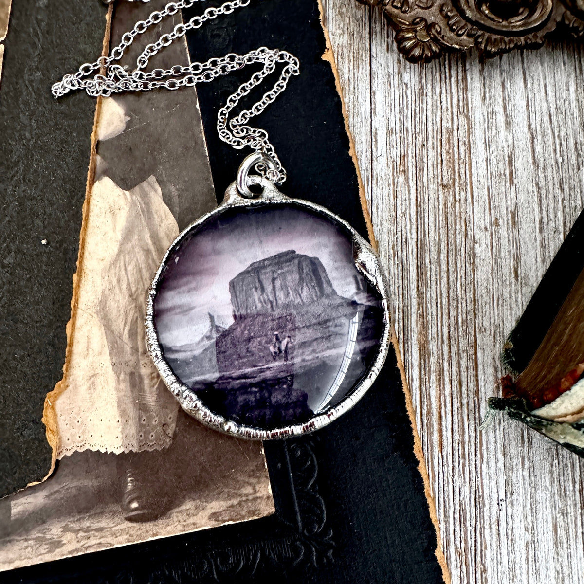 Foxtark Road To Nowhere cowboy on horse desert necklace in fine silver, one-of-a-kind jewelry piece with detailed design.