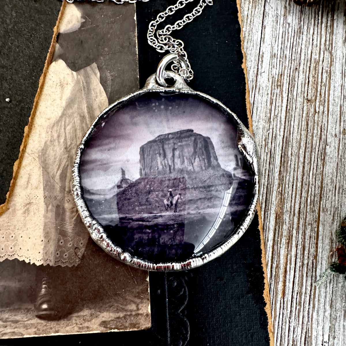 Fine silver desert necklace featuring a cowboy on horse pendant from FOXLARK's Road To Nowhere collection.