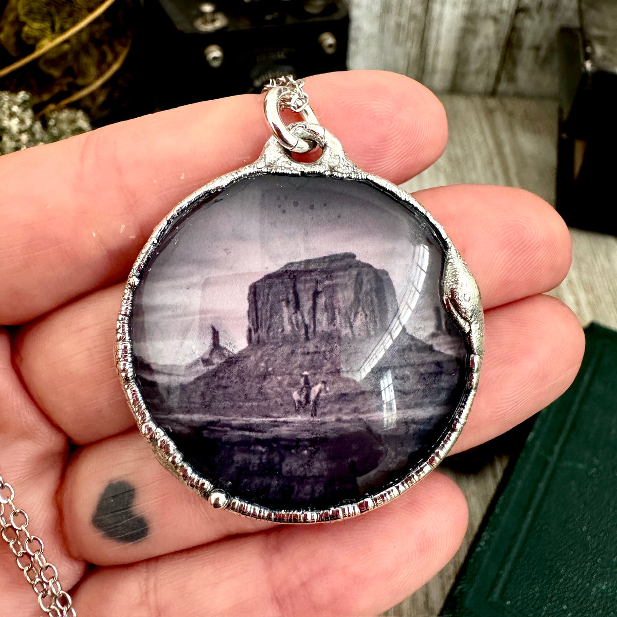 Fine silver cowboy on horse desert necklace from FOXLARK featuring a unique road to nowhere design.