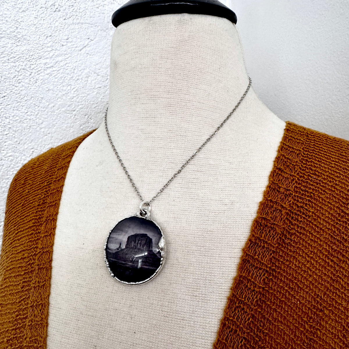 Fine silver desert necklace featuring a cowboy on horse design by FOXLARK, one of a kind jewelry piece.