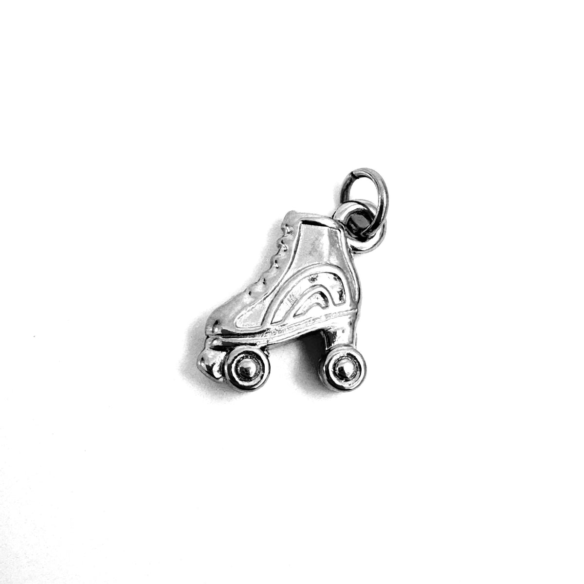 FoXLARK roller skate charm pendant featuring colorful wheels and "Wheels Up, Good Times" design, perfect as a quirky necklace charm.