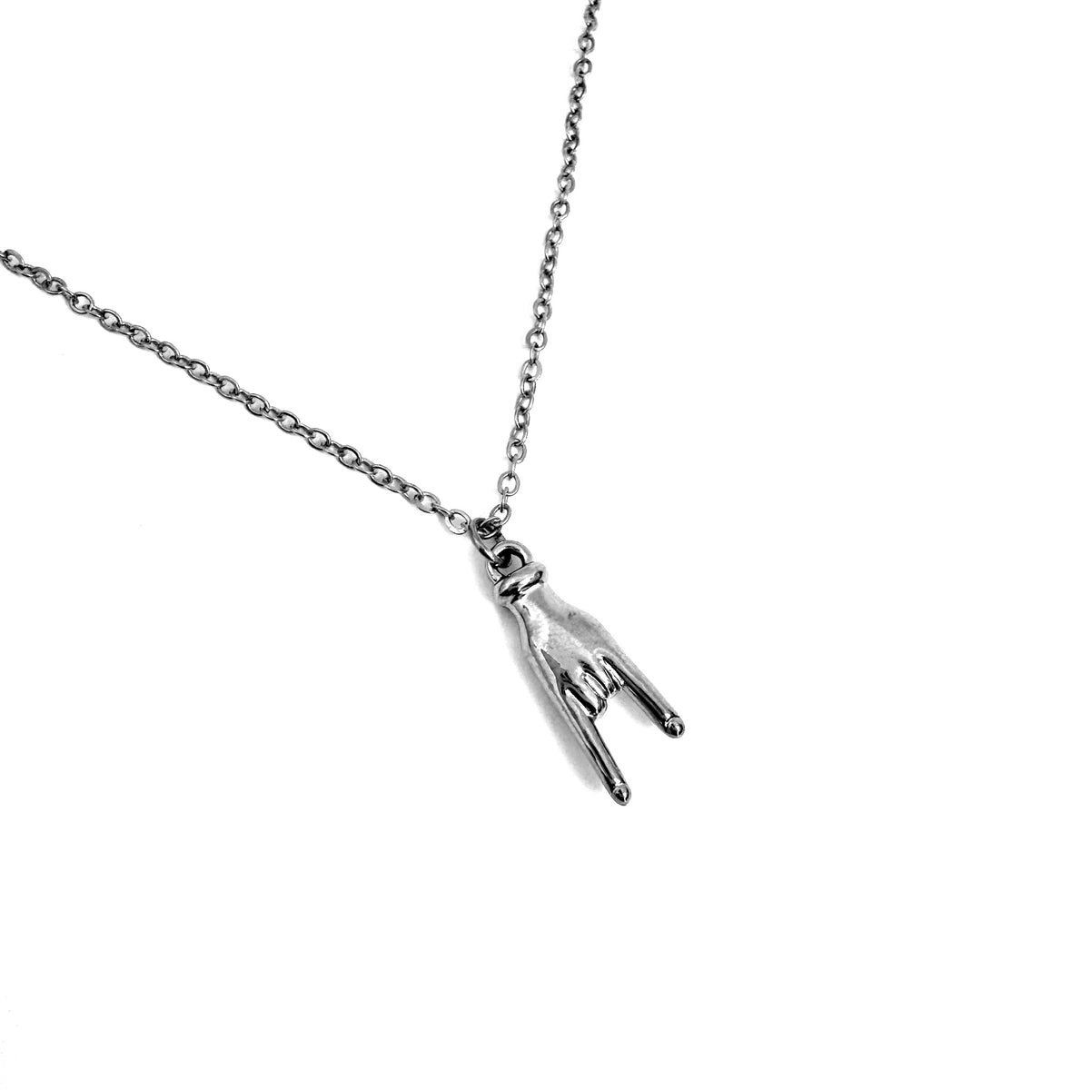 Dainty FOXLARK Rock On Hand charm pendant necklace for bold, loud girls, featuring a silver-toned hand charm from the Lucky Charm Bar series.