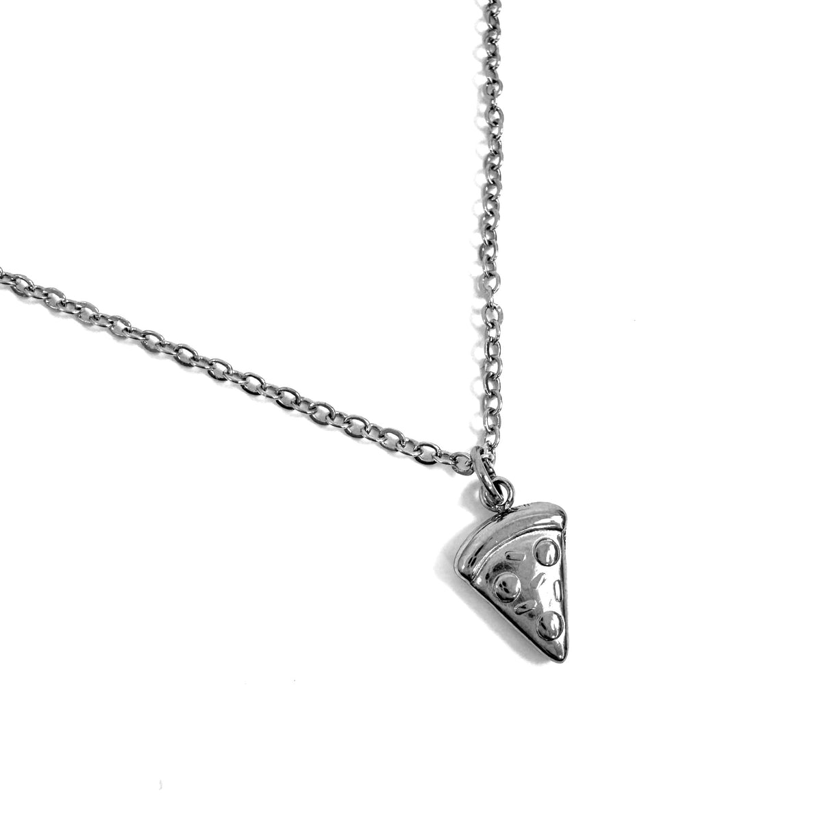 FOXLARK pizza slice charm pendant necklace featuring a quirky, colorful pizza design on a silver chain.