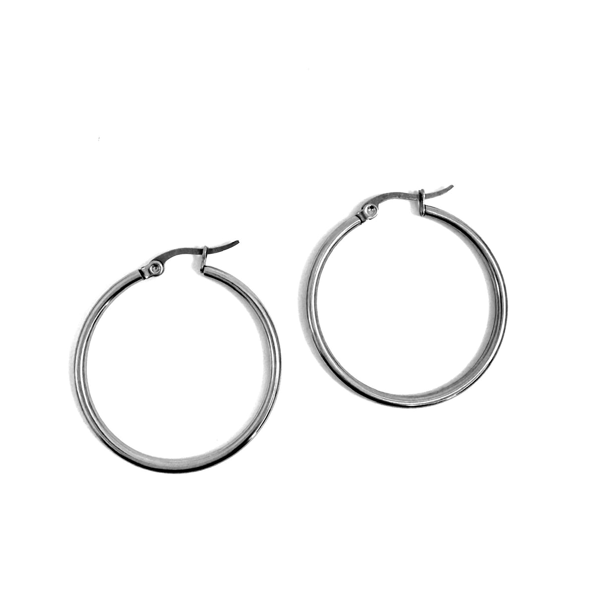 FOXLARK Everyday Charm Collector Hoop Earrings with round tube stainless steel charms, featuring lucky charm bar design.