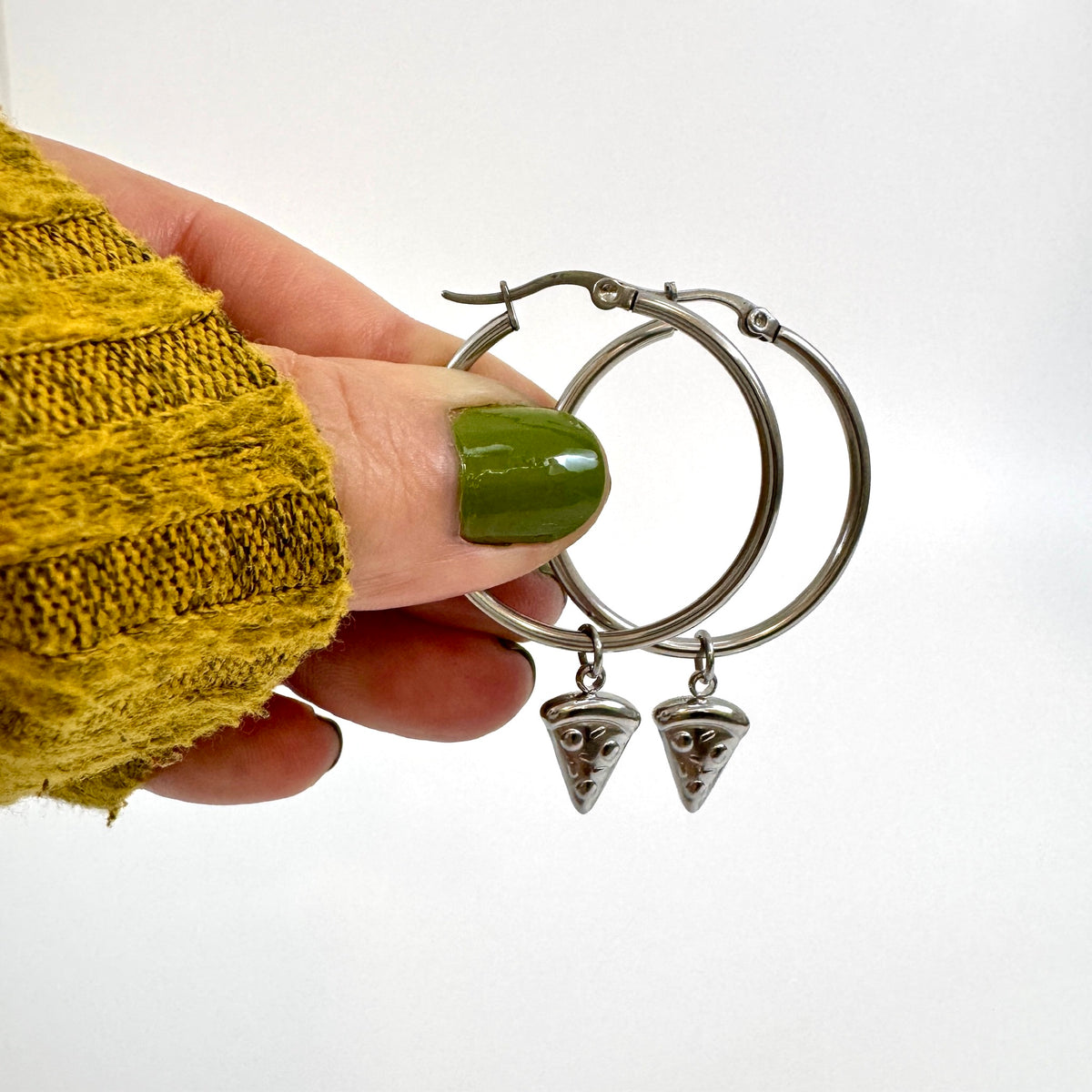 FOXLARK Everyday Charm Collector Hoop Earrings with round tube stainless steel charms, featuring lucky charm bar design.