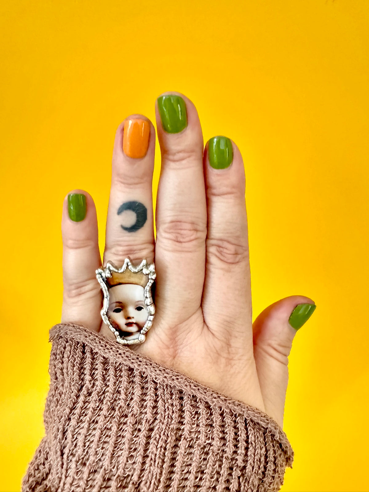FOXLARK Doll Head Statement Ring in fine silver, size 8, featuring a detailed doll head design from The Weirdlings Collection.