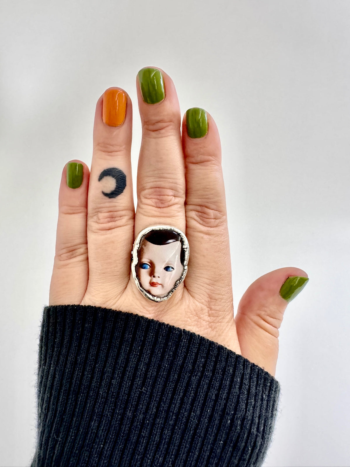 FOXLARK Doll Head Statement Ring in fine silver, size 10.5, from The Weirdlings Collection, featuring detailed doll head design.