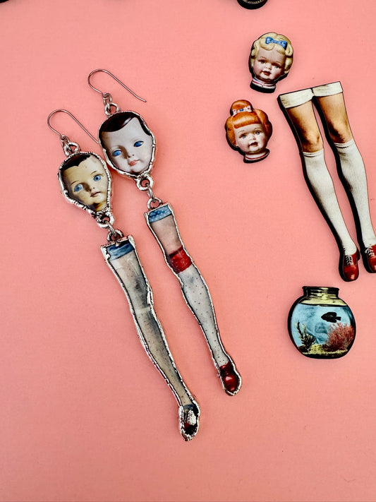Mismatched Doll Head & Leg Earrings – Long Dangle Statement Earrings, Fine Silver | The Weirdlings Collection