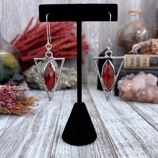 Carnelian Triangle Fine Silver Crystal Drop Earrings / Long Dangle Witchy Earrings