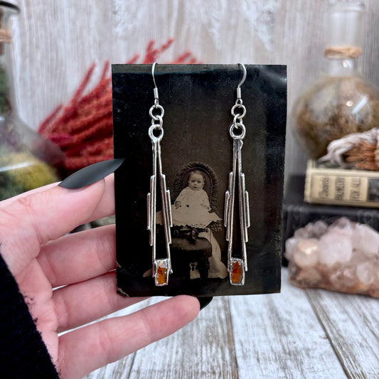 Orange Kyanite Fine Silver Crystal Drop Earrings / Long Dangle Witchy Earrings