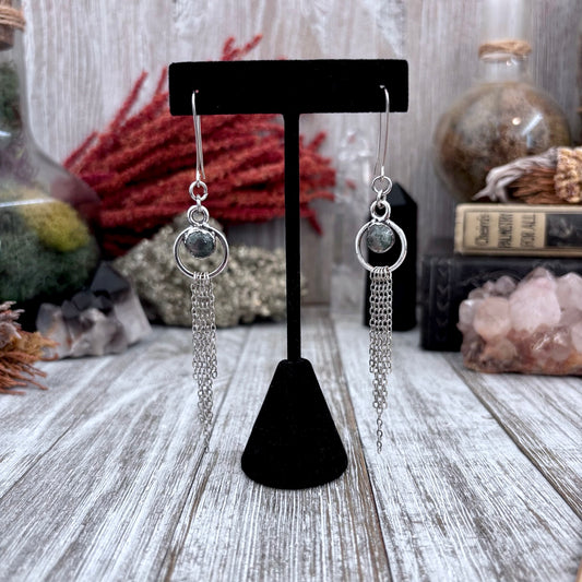 Moss Agate Hoop And Fringe Fine Silver Crystal Earrings / Long Dangle Witchy Earrings