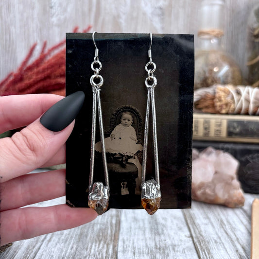 Raw Citrine Fine Silver Crystal Drop Earrings / Long Dangle Witchy Earrings