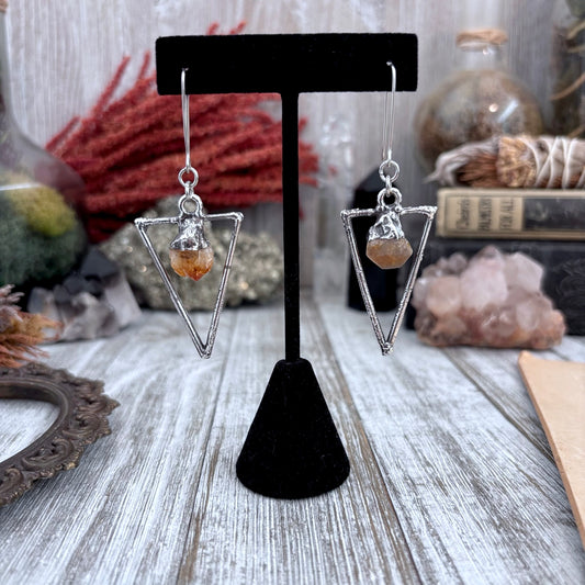 Raw Citrine Triangle Fine Silver Crystal Earrings / Long Dangle Witchy Earrings