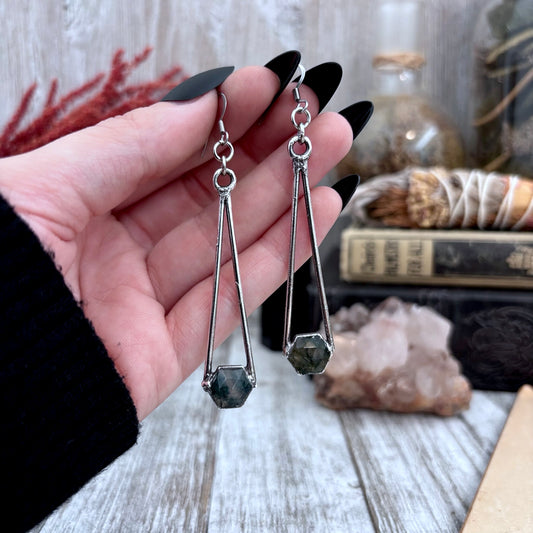 Moss Agate Fine Silver Crystal Drop Earrings / Long Dangle Witchy Earrings