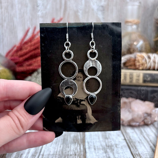 Black Onyx Fine Silver Crystal Drop Earrings / Long Dangle Witchy Earrings
