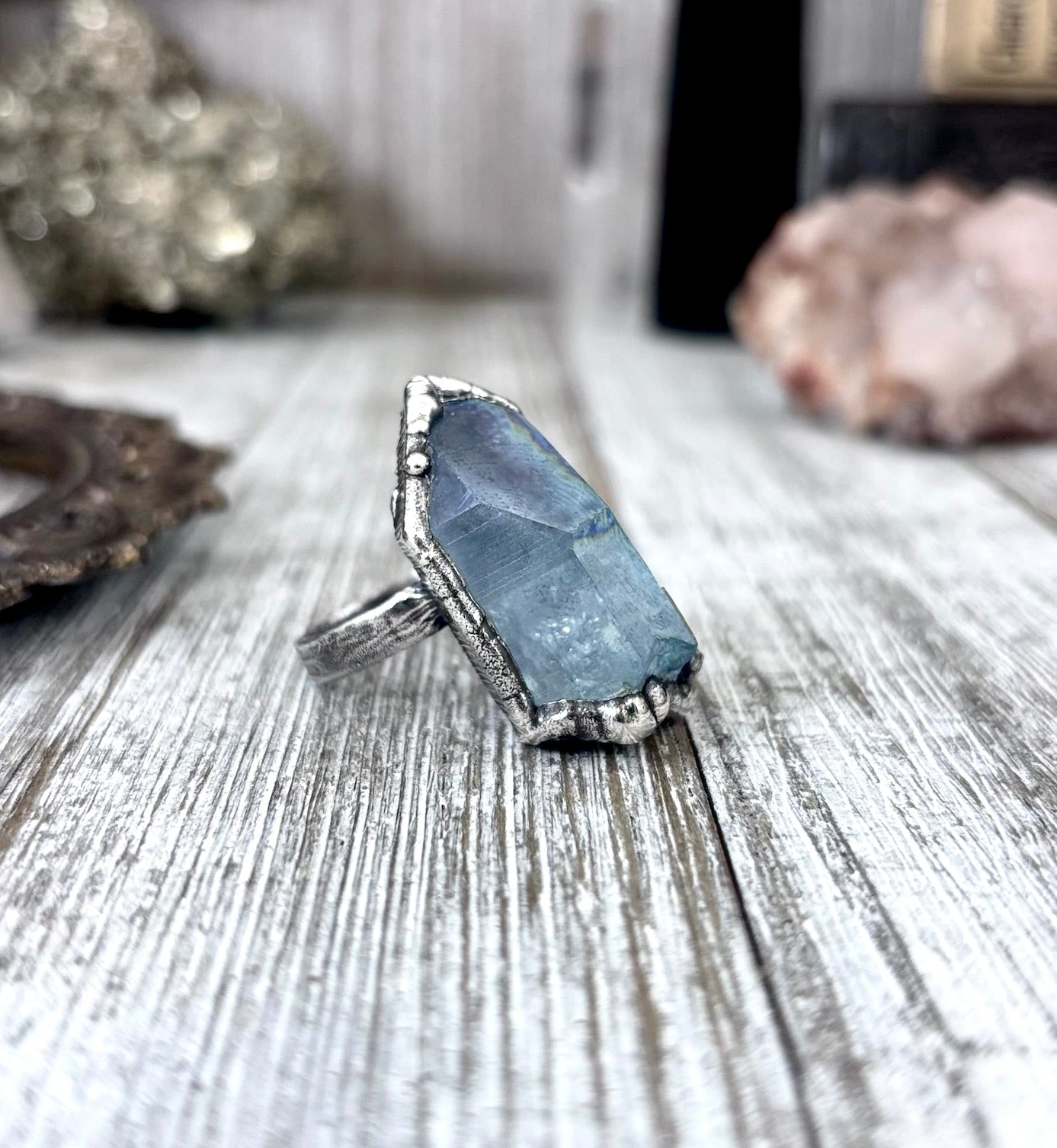 Aqua Aura Quartz Crystal Ring Set in Fine Silver Size 8 / Foxlark Collection - One of a Kind