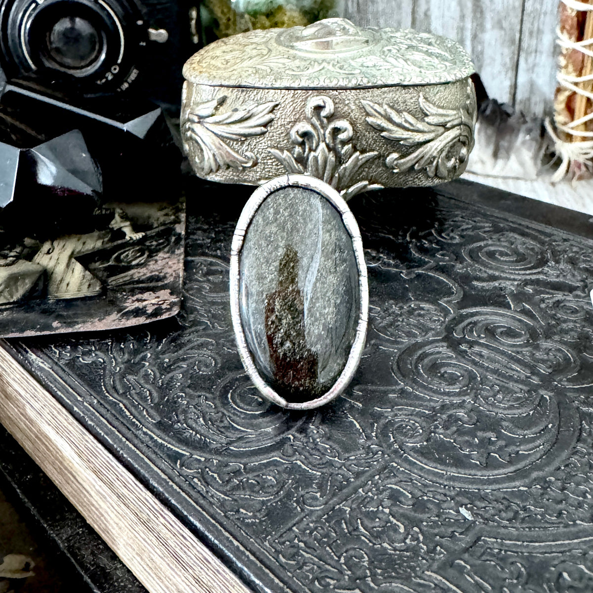 Golden sheen obsidian crystal ring in fine silver, size 9, from FOXLARK's one-of-a-kind Foxlark collection, detailed gemstone design.