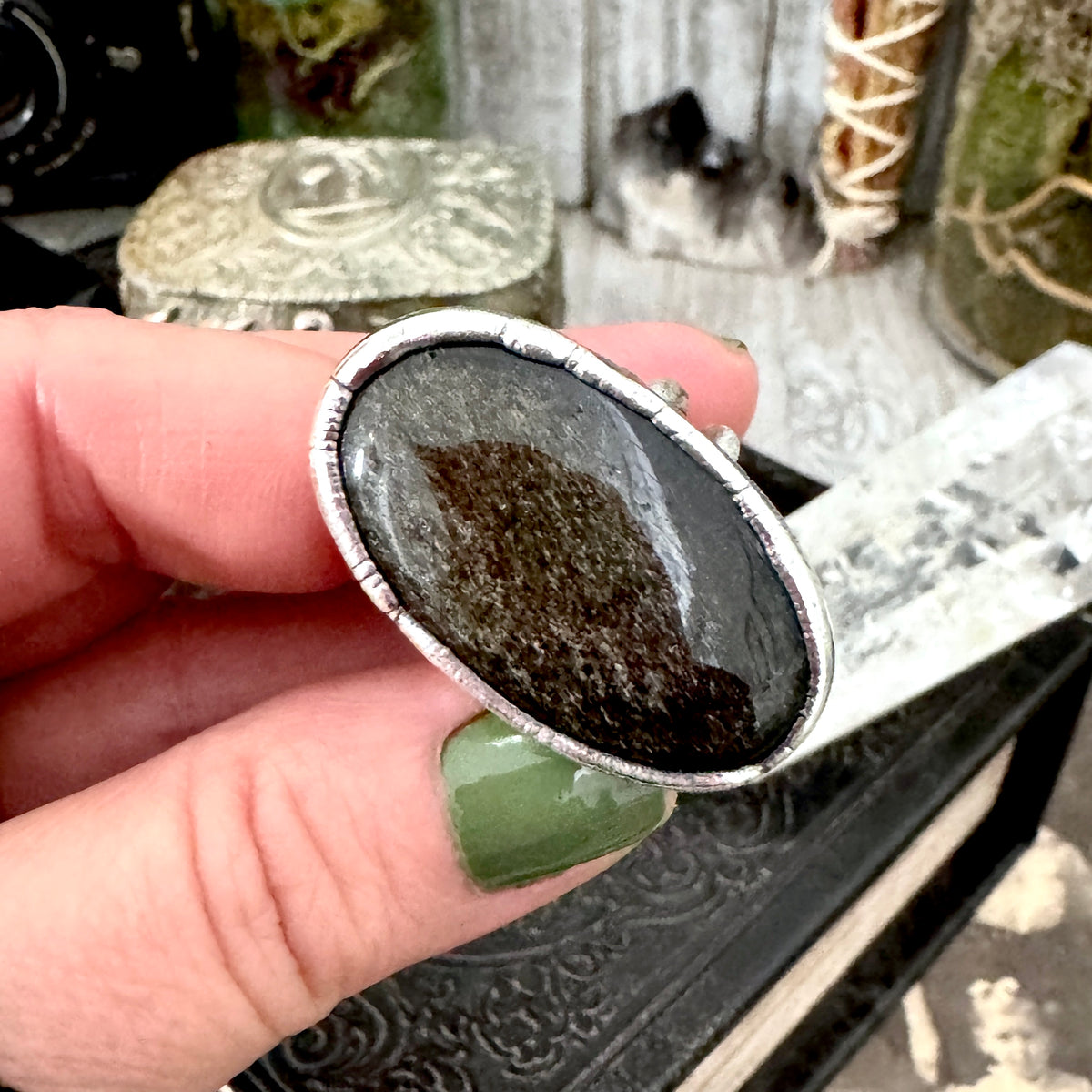 Golden sheen obsidian crystal ring in fine silver, size 9, from FOXLARK collection, featuring a unique one-of-a-kind design.