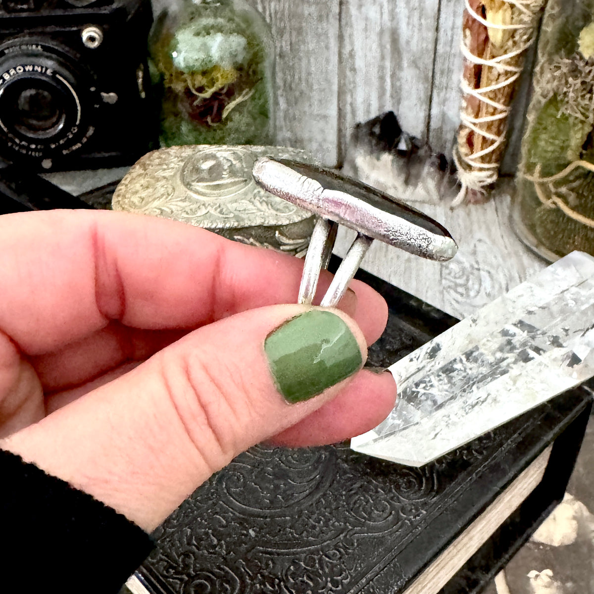 Golden sheen obsidian crystal ring in fine silver, size 9, from FOXLARK collection, featuring a one-of-a-kind design.