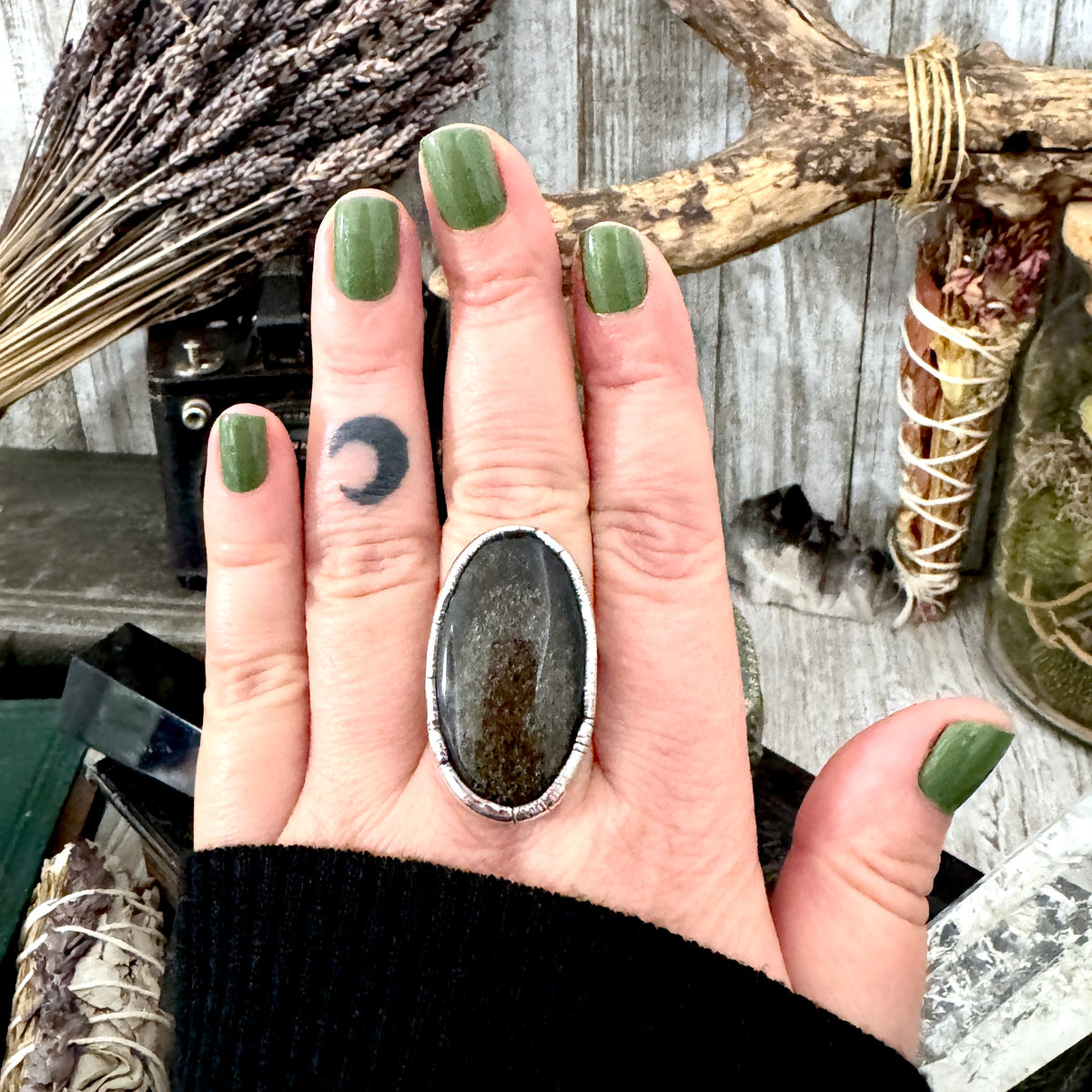 Golden sheen obsidian crystal ring in fine silver, size 9, from FOXLARK collection, showcasing the unique one-of-a-kind design.