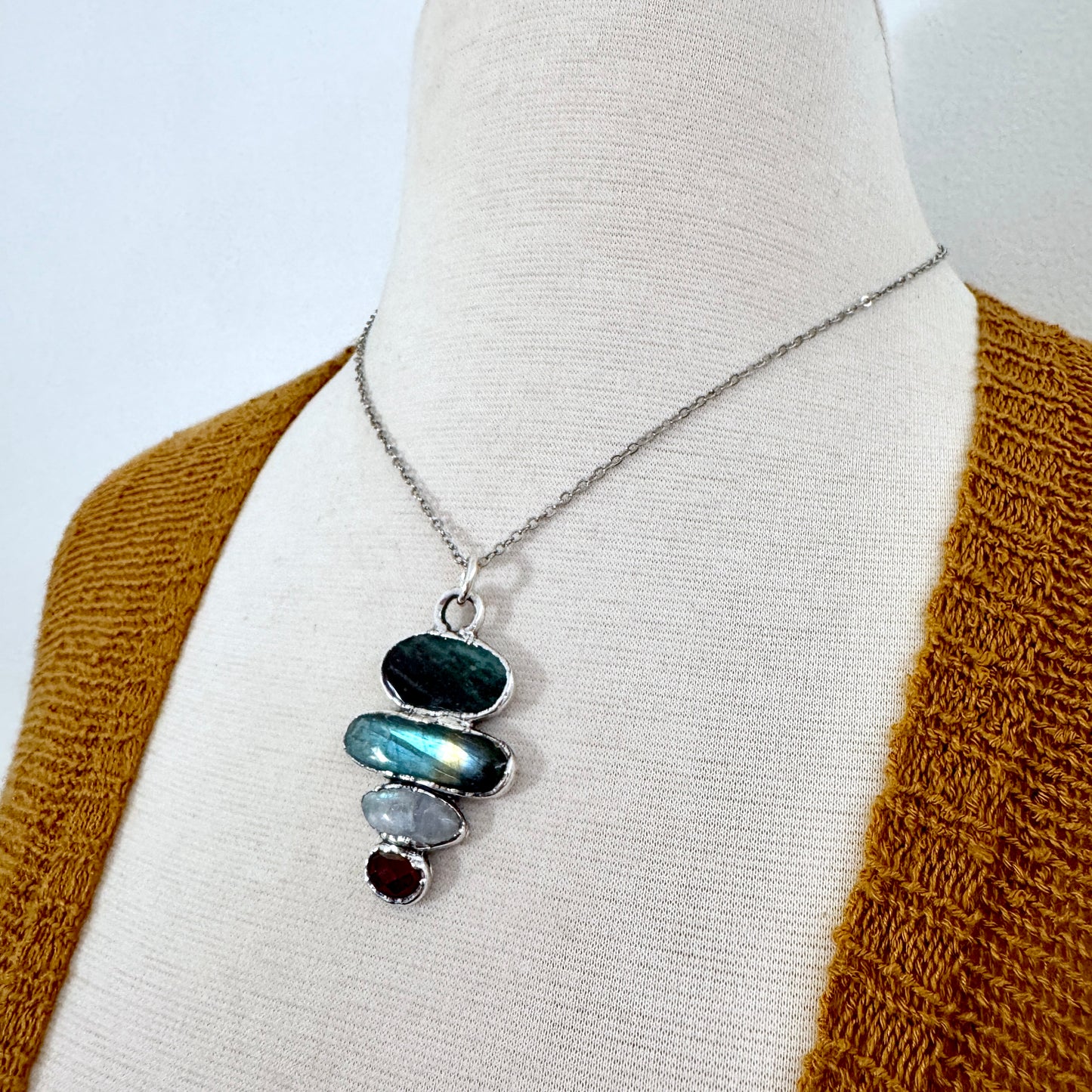 Multi Stone Bloodstone Labradorite Rainbow Moonstone Garnet Crystal Necklace Fine Silver / Foxlark Collection