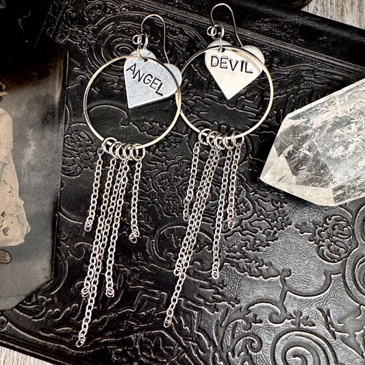 Hand Stamped ANGEL DEVIL Fringe Heart Earrings