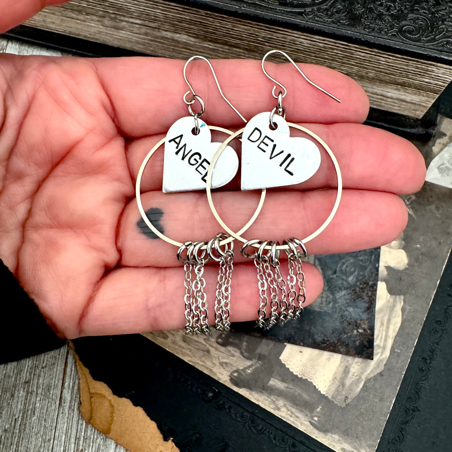 Hand Stamped ANGEL DEVIL Fringe Heart Earrings