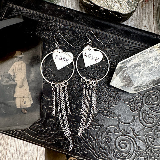 Hand Stamped FUCK LOVE Fringe Heart Earrings