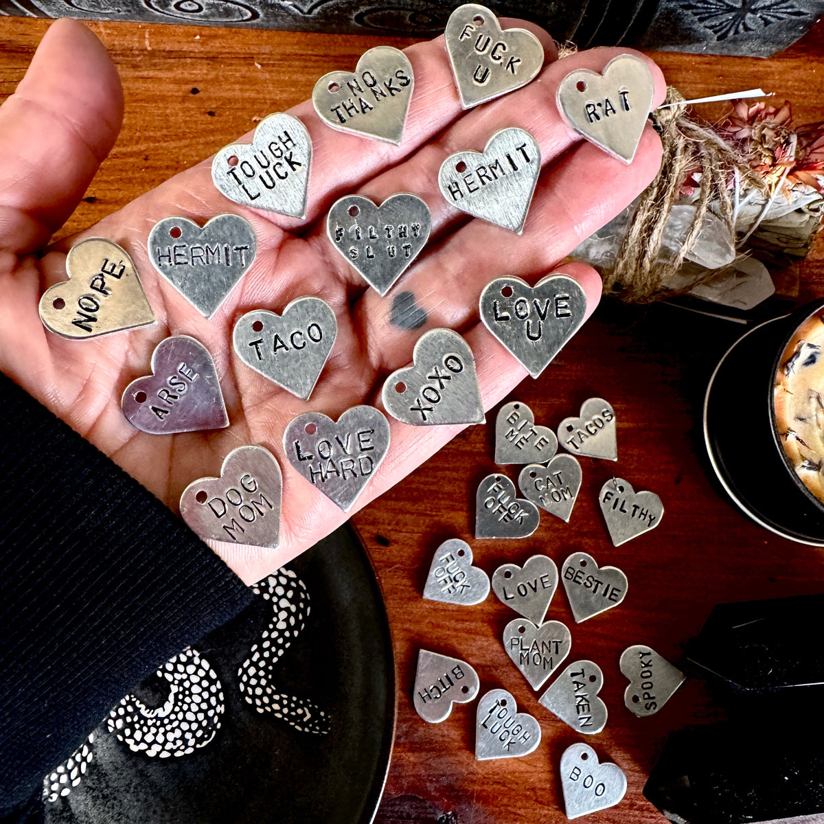 FOXLARK hand stamped heart necklace with engraved design, silver chain, and delicate pendant featuring personalized lettering.