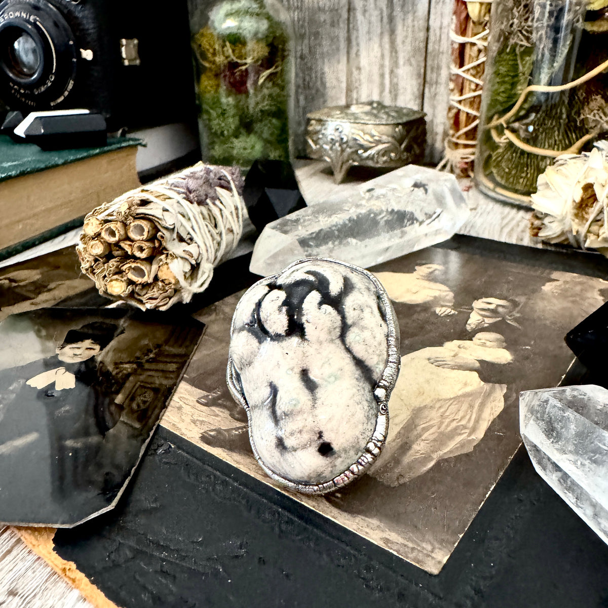 Fine silver ceramic baby doll head ring from FOXLARK collection, size 7.5, featuring detailed craftsmanship and unique design.