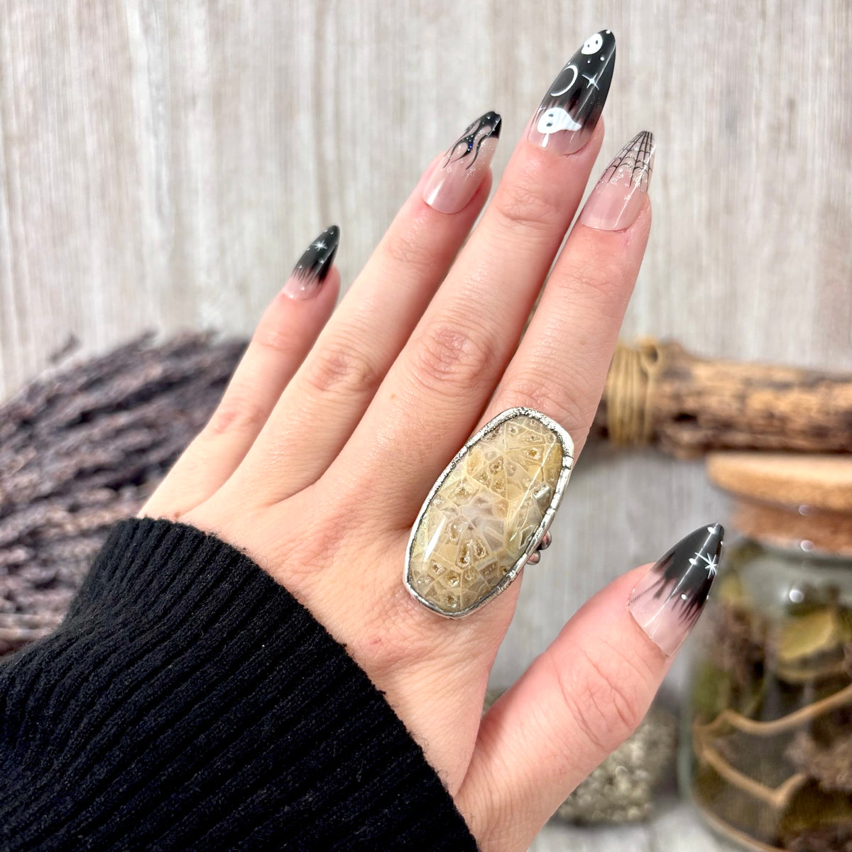 Fossilized coral crystal ring by FOXLARK, size 7.5, featuring fine silver band from the Foxlark Collection, one-of-a-kind design