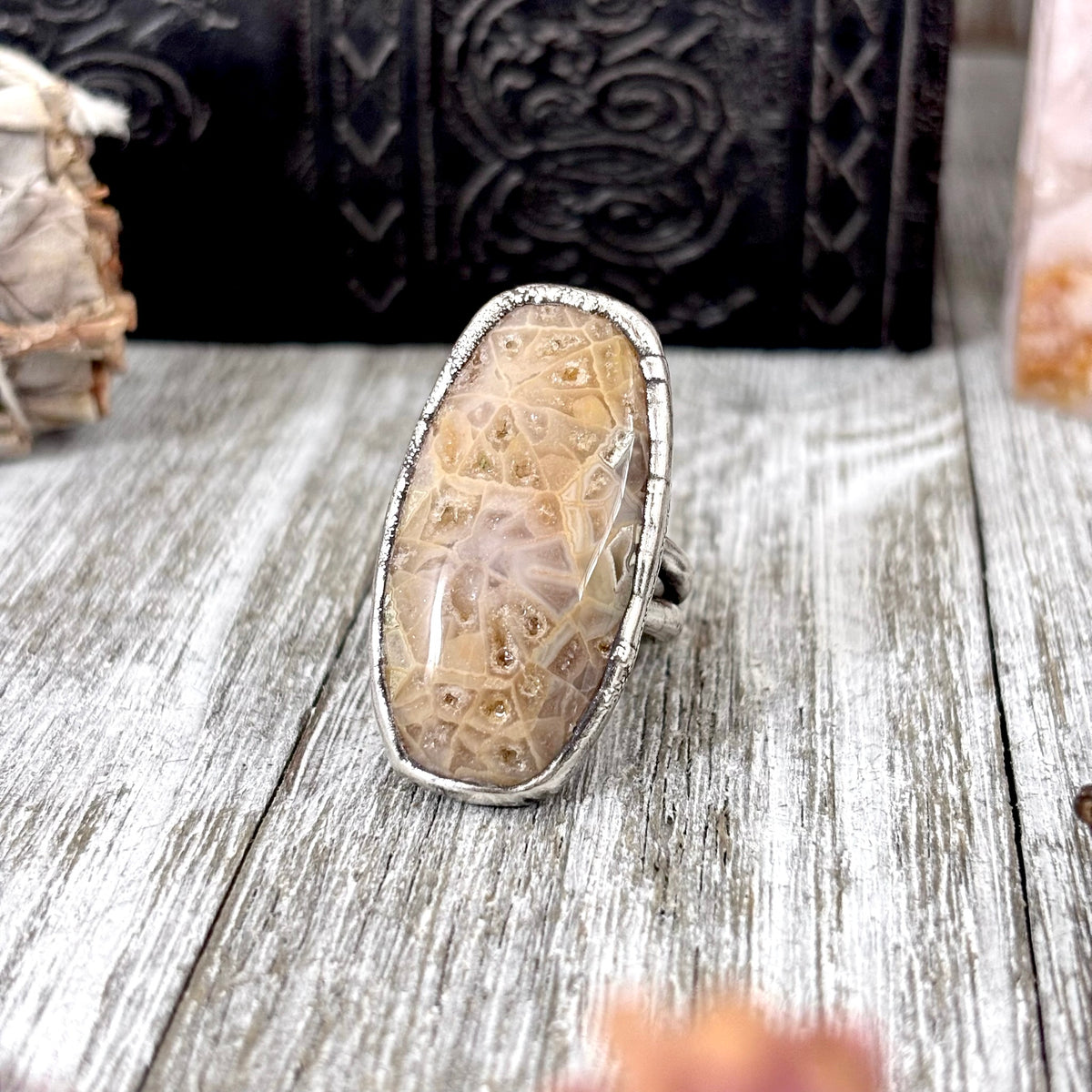 Fossilized coral crystal ring by FOXLARK with fine silver band, size 7.5, from the Foxlark Collection, one-of-a-kind jewelry piece.