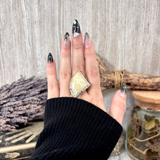 Fossilized Coral Crystal Ring Fine Silver Size 8.5 / Foxlark Collection - One of a Kind