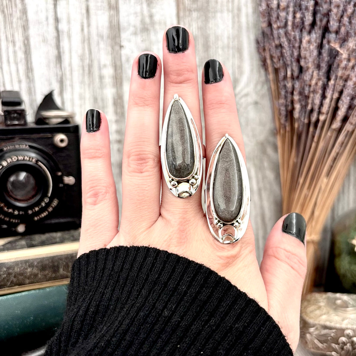 Silver Sheen Obsidian ring by FOXLARK featuring a magic moon design in sterling silver, adjustable size 6-10.