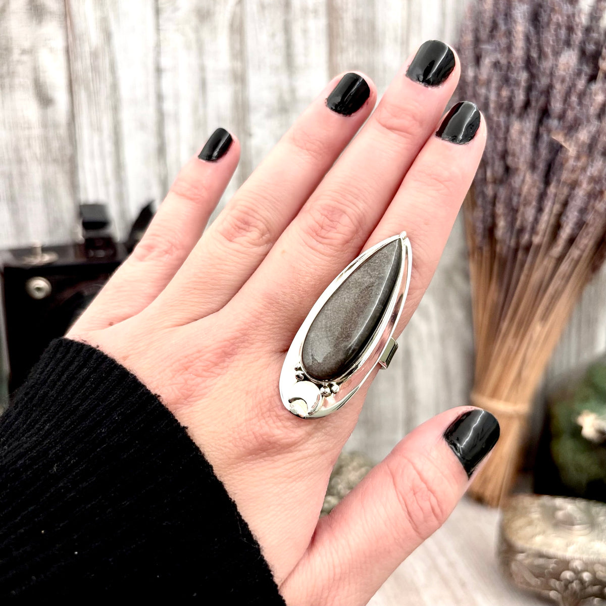 Silver Sheen Obsidian ring by FOXLARK featuring a magic moon design in sterling silver, adjustable size 6-10.