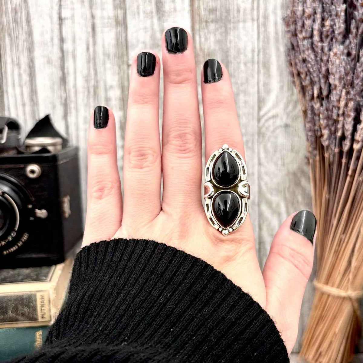 Mystic Moons Black Onyx crystal ring by FOXLARK in sterling silver, adjustable gothic jewelry with moon and star design.