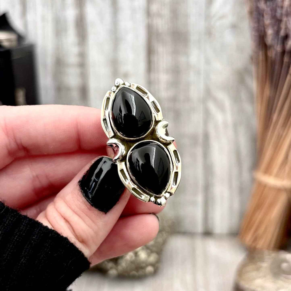 Mystic Moons Black Onyx crystal ring by FOXLARK in solid sterling silver, adjustable gothic jewelry design, size 6-9.