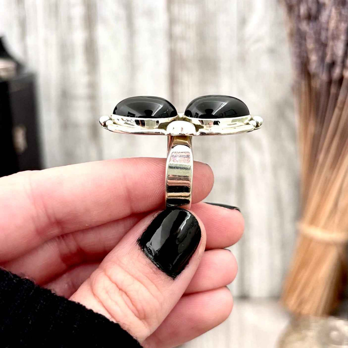 FOXLARK Mystic Moons black onyx crystal ring in sterling silver, adjustable gothic jewelry design, featuring moon motif.