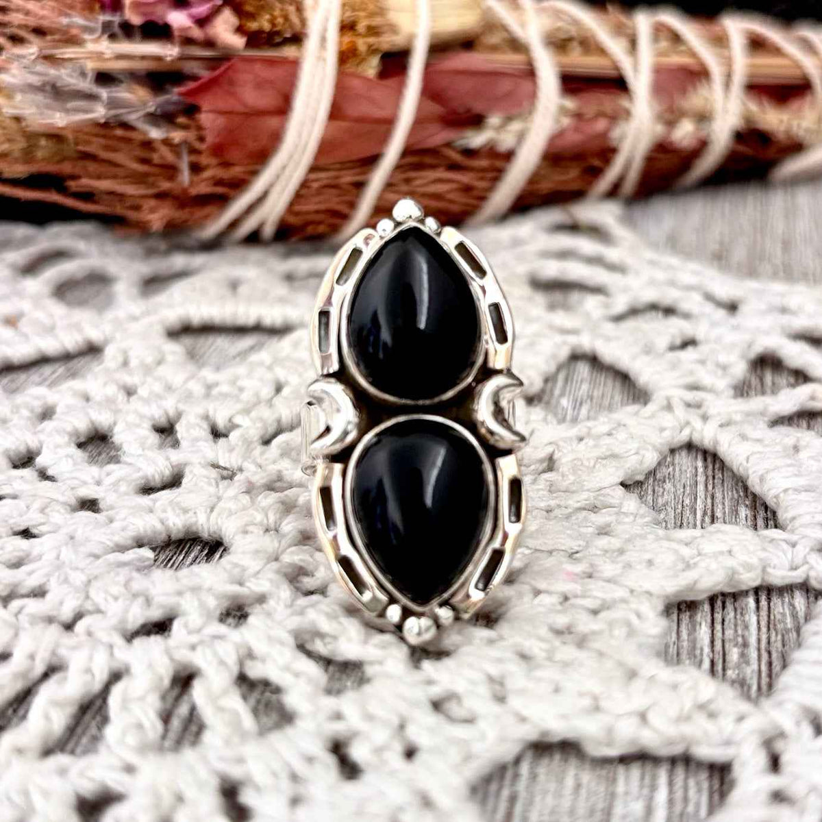 FOXLARK Mystic Moons Black Onyx crystal ring in solid sterling silver, adjustable gothic jewelry design with moon motif.