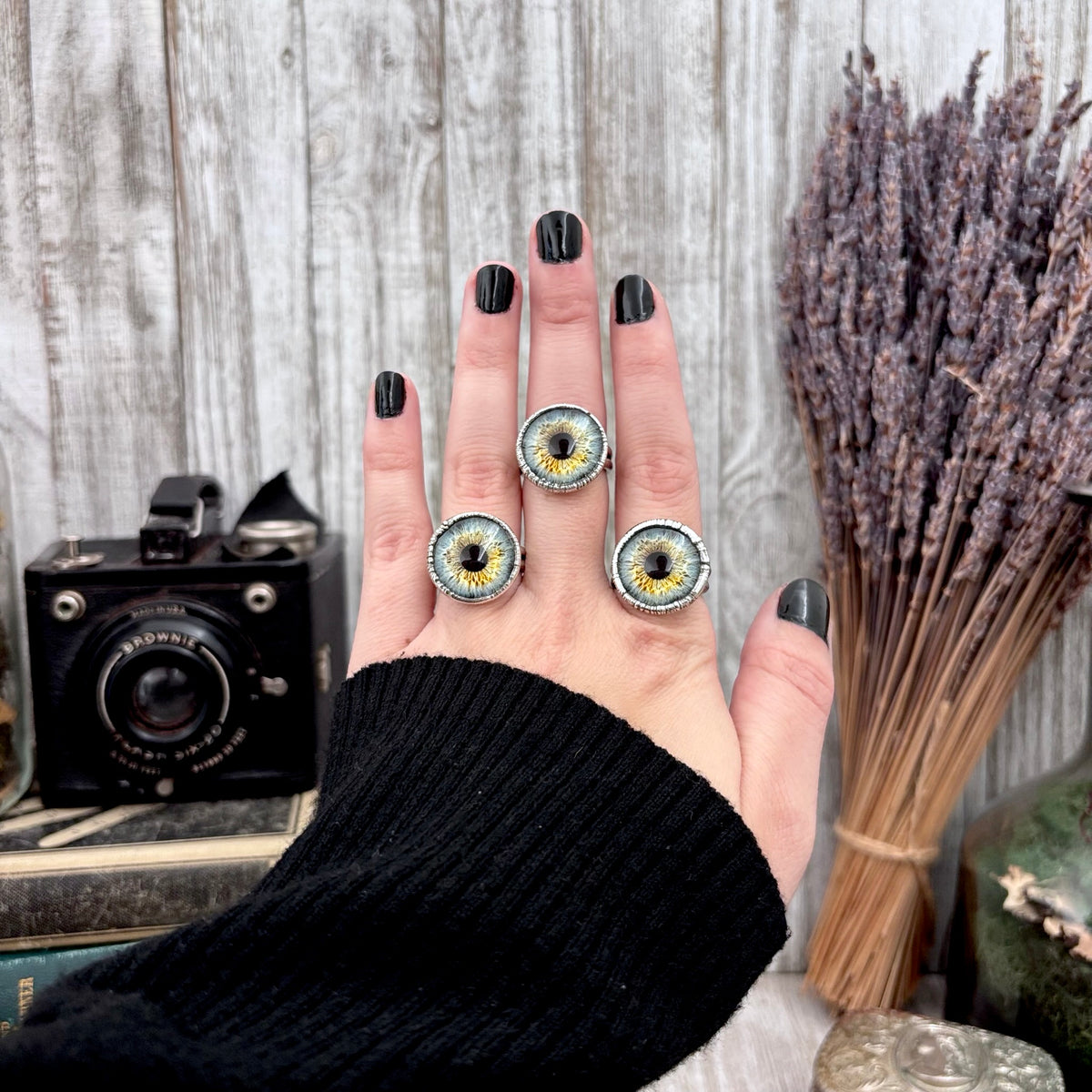 Blue eyeball fine silver ring by FOXLARK, size 5 to 10, featuring detailed eyeball design from the FOXLARK collection.