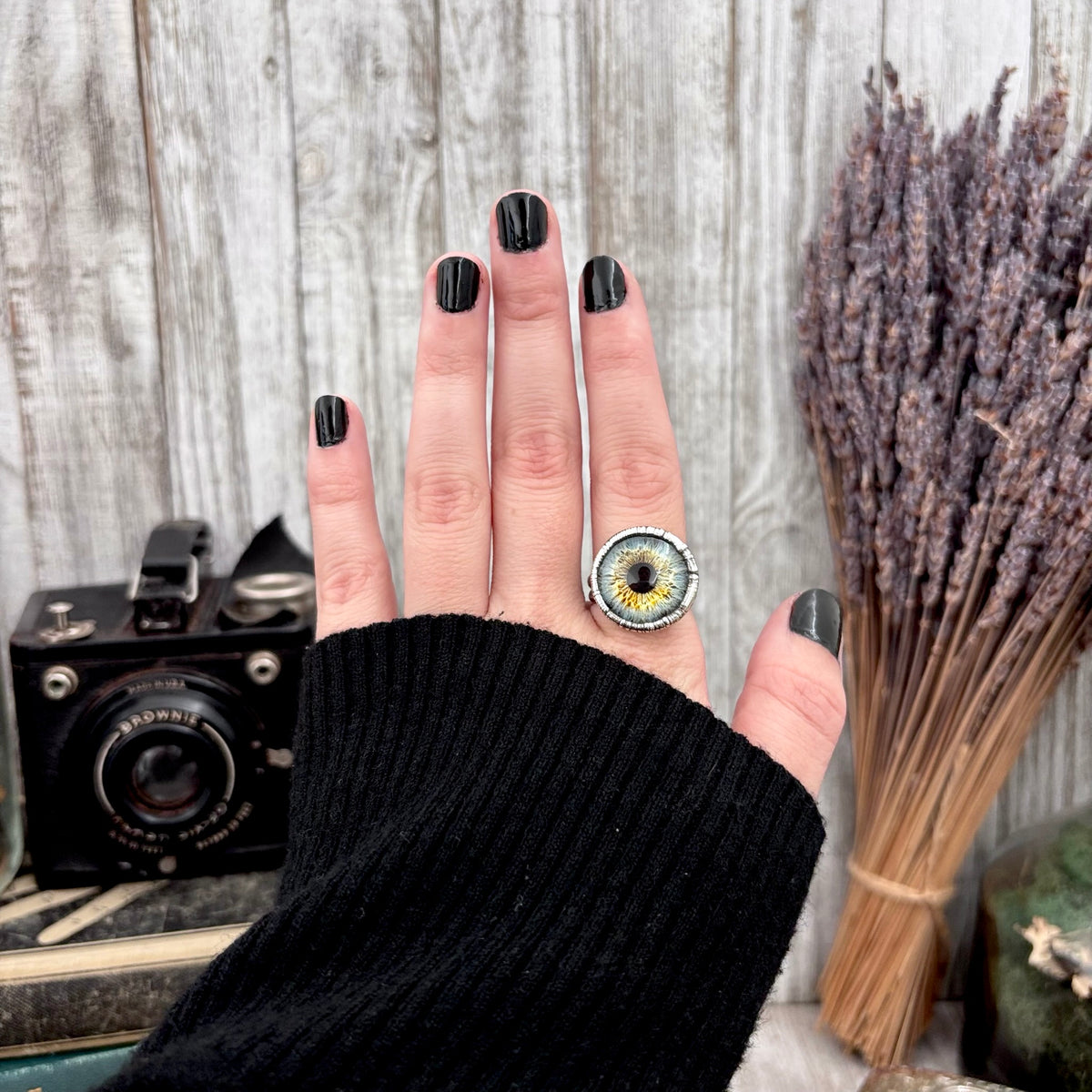 Blue eyeball fine silver ring from FOXLARK collection, available in sizes 5 to 10, featuring a detailed eyeball design.