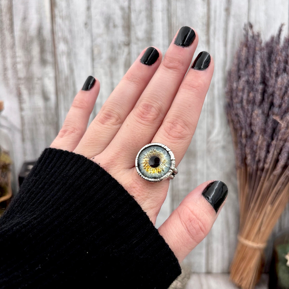 Blue eyeball silver ring from FOXLARK collection, available in sizes 5 to 10, featuring detailed fine silver craftsmanship.