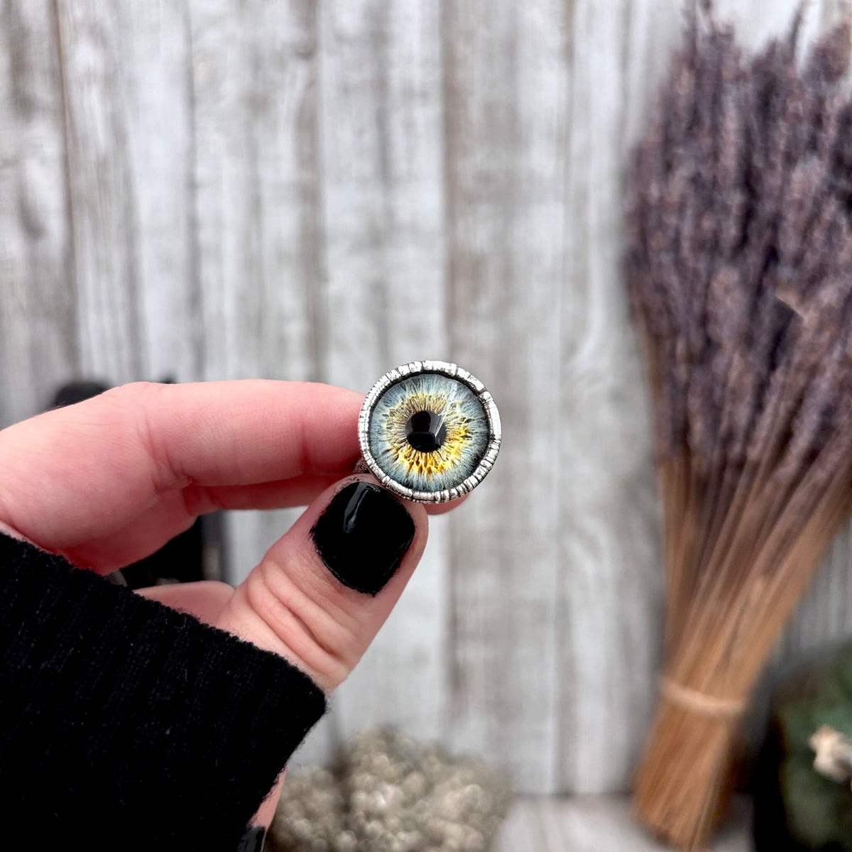 Blue eyeball fine silver ring from FOXLARK collection, available in sizes 5 to 10, featuring detailed eye design.