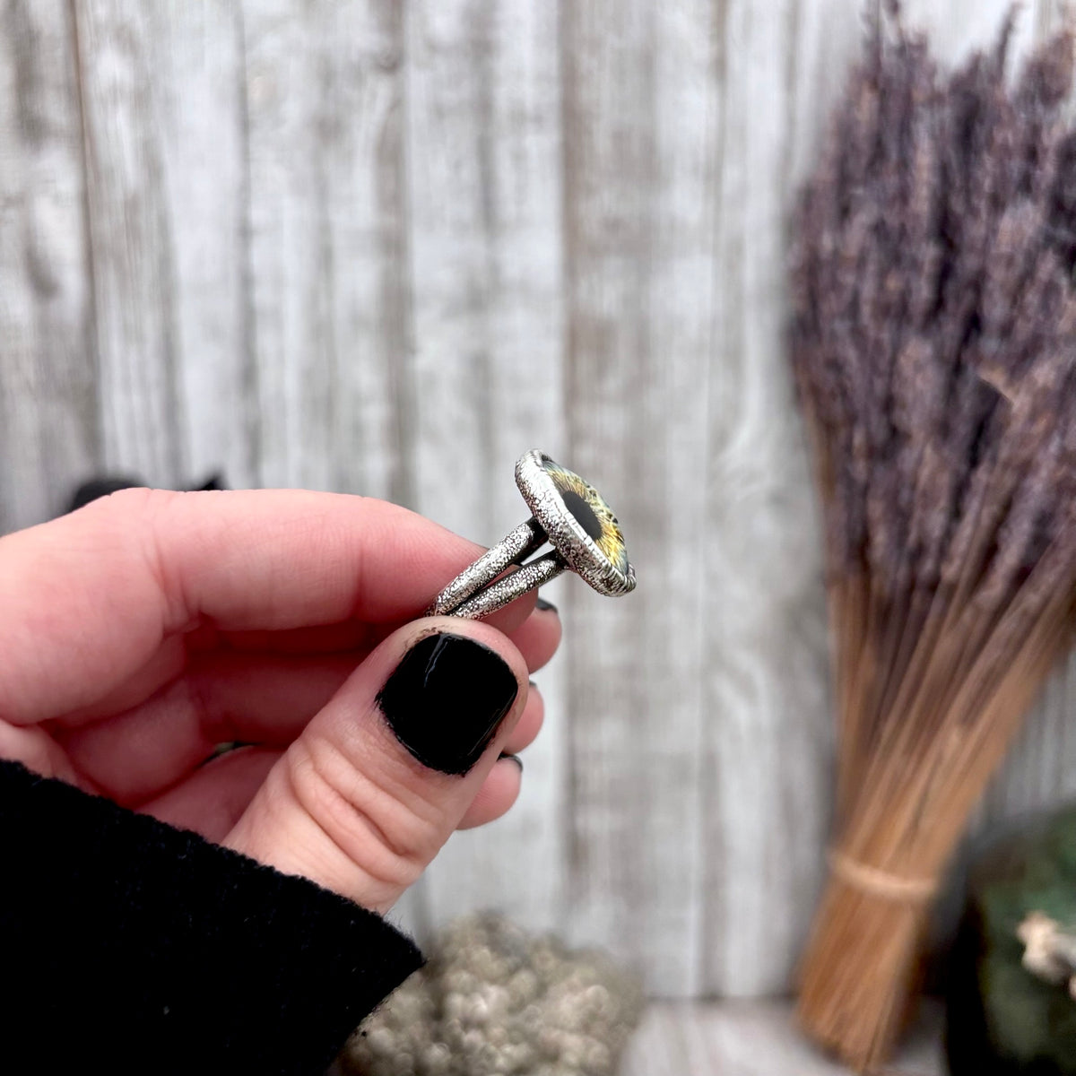 Blue eyeball fine silver ring from FOXLARK collection, available in sizes 5 to 10, featuring detailed eyeball design.